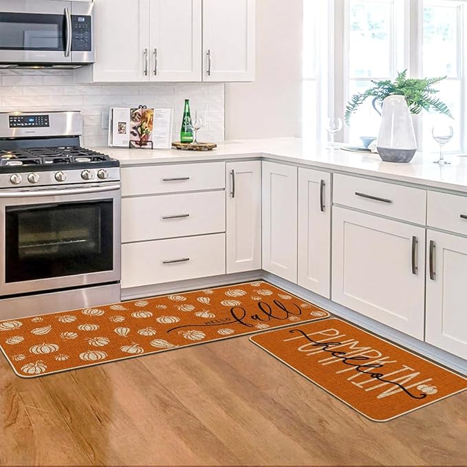 Orange Hello Pumpkin Fall Kitchen Mats Set of 2, Autumn Home Decor Low-Profile Kitchen Rugs for Floor (17x29 and 17x47 Inch)