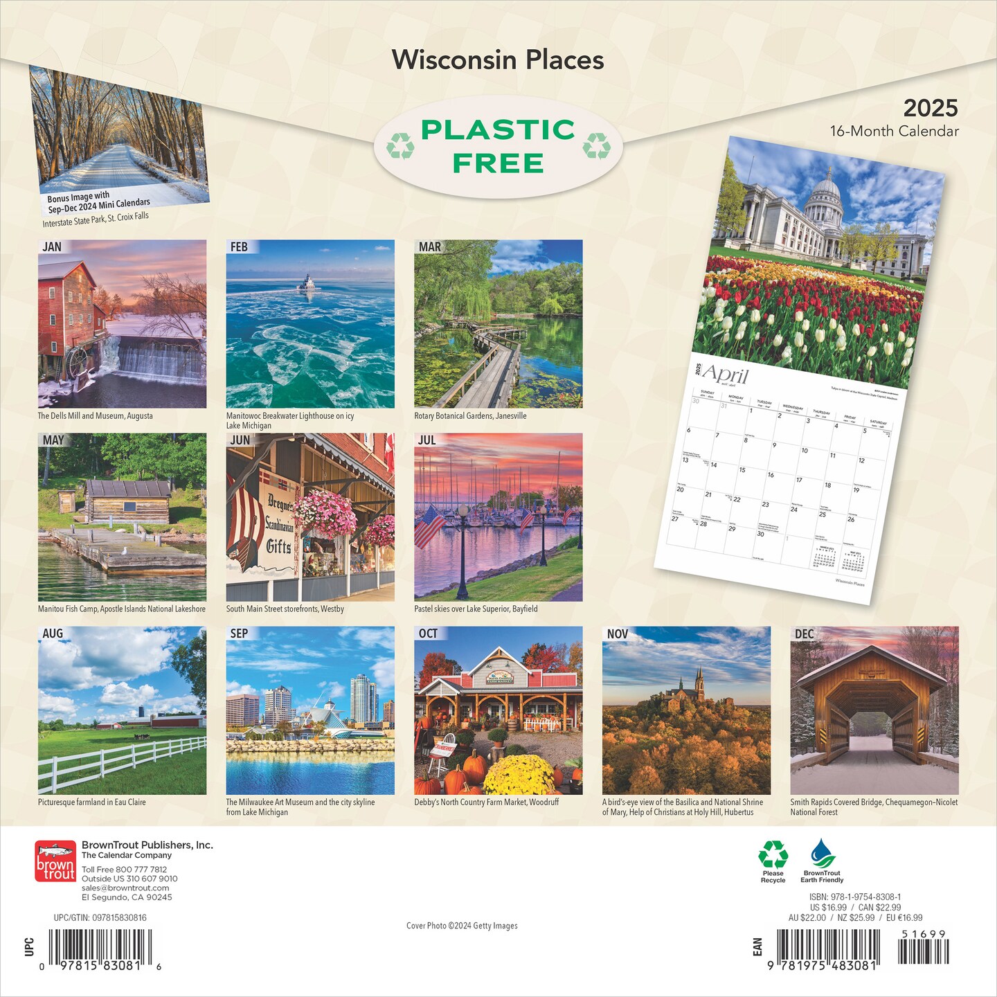 Wisconsin Places | 2025 12 x 24 Inch Monthly Square Wall Calendar | Plastic-Free | BrownTrout | USA United States of America Midwest State Nature