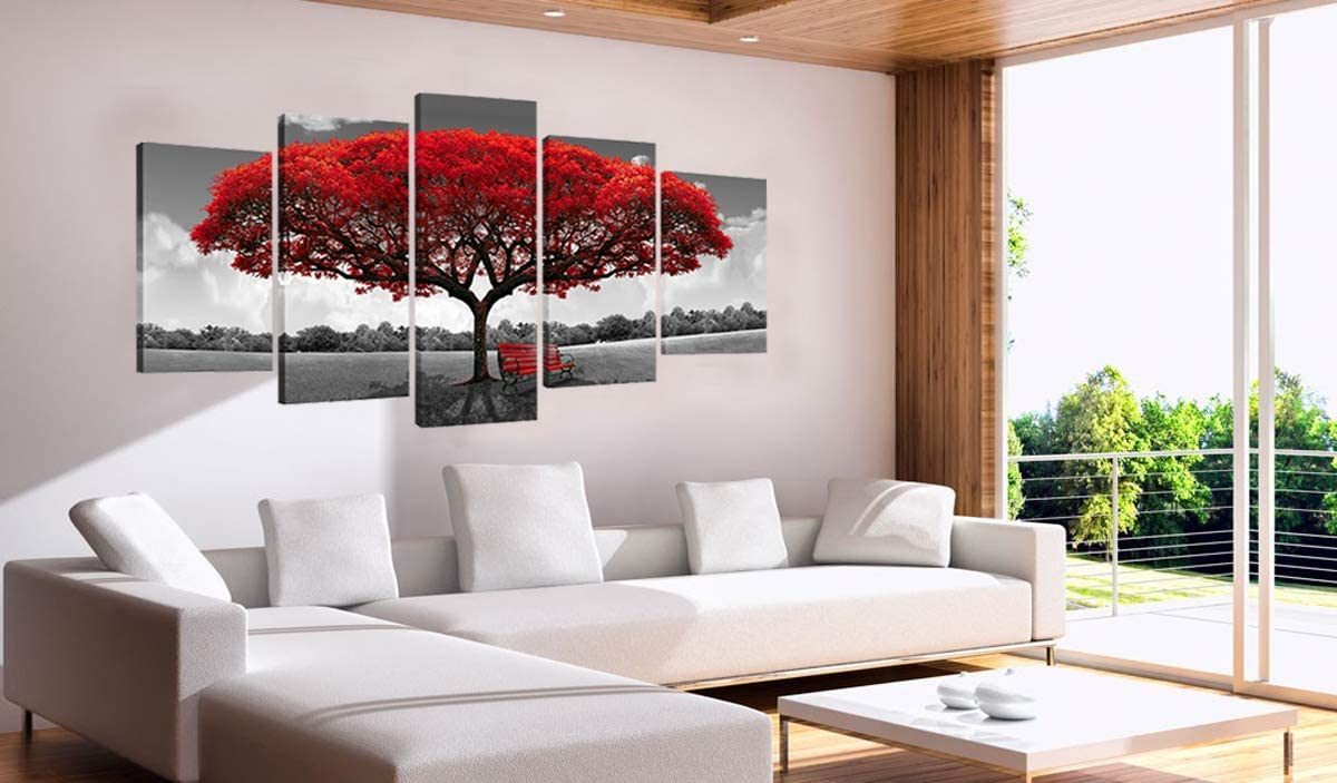 Red Tree Landscape Canvas Wall Art - Framed Modern Giclee Prints - 5 Piece Set (30x50cm, 30x65cm, 30x80cm)