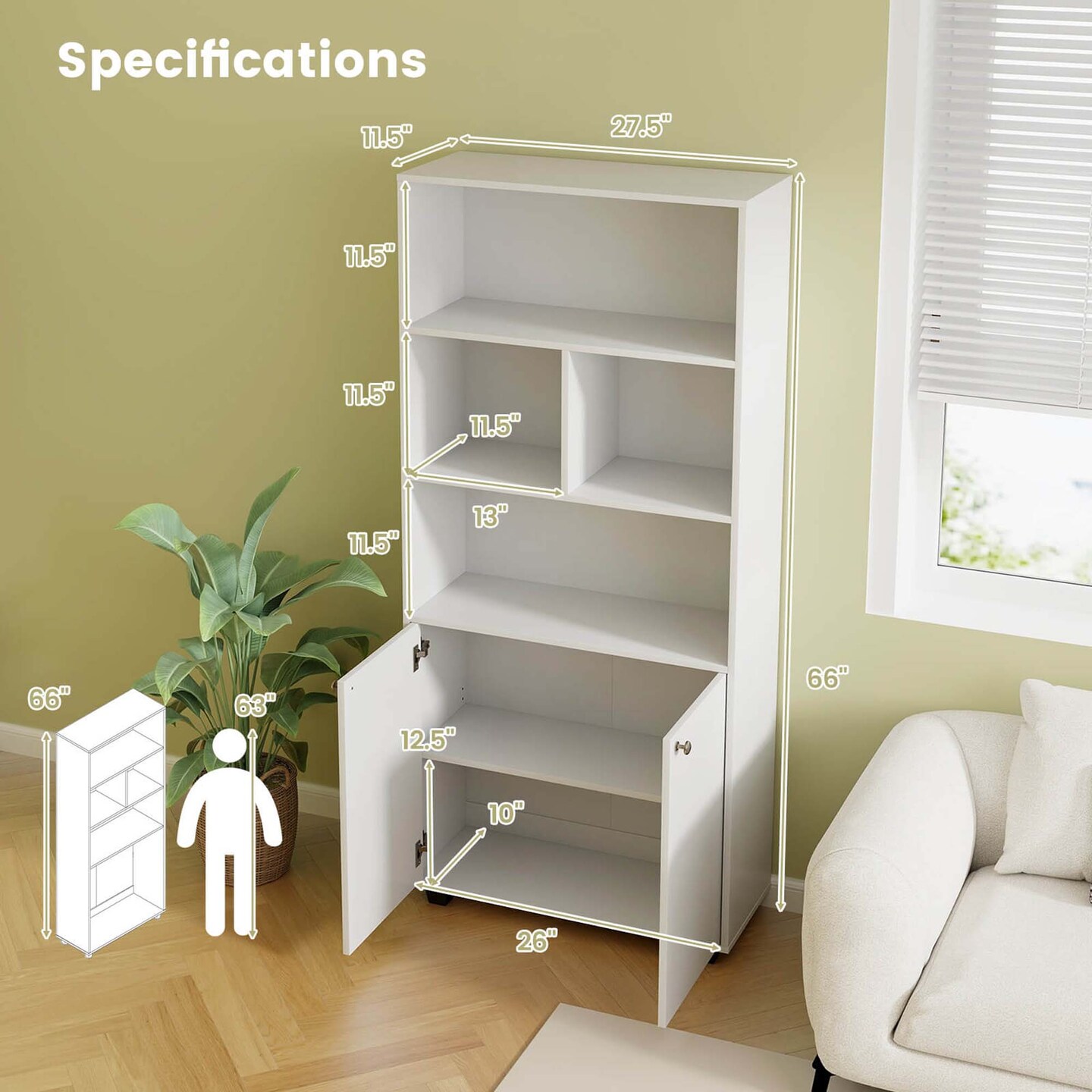 Costway 66" Tall Home 5 Tier Free Standing Bookshelf 2-Door Storage Cabinet Display Rack