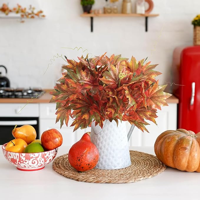 2 Artificial Silk Maple Leaf Shrubs Fake Fall Bushes Autumn Faux Plants with Stem for Indoor Outdoor Home Kitchen Wedding Thanksgiving Decor.