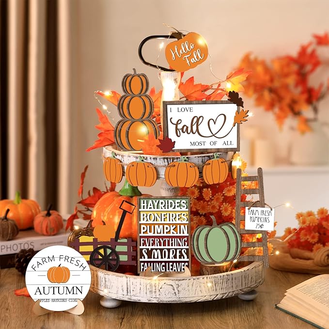 15 Piece Fall Tiered Tray Decor Set Hello Fall Decor Autumn Wood Signs Thanksgiving Orange Brown Table Signs Farmhouse Wooden Maple Pumpkin Gnomes Tabletop for Festival Home Decor (Harvest).