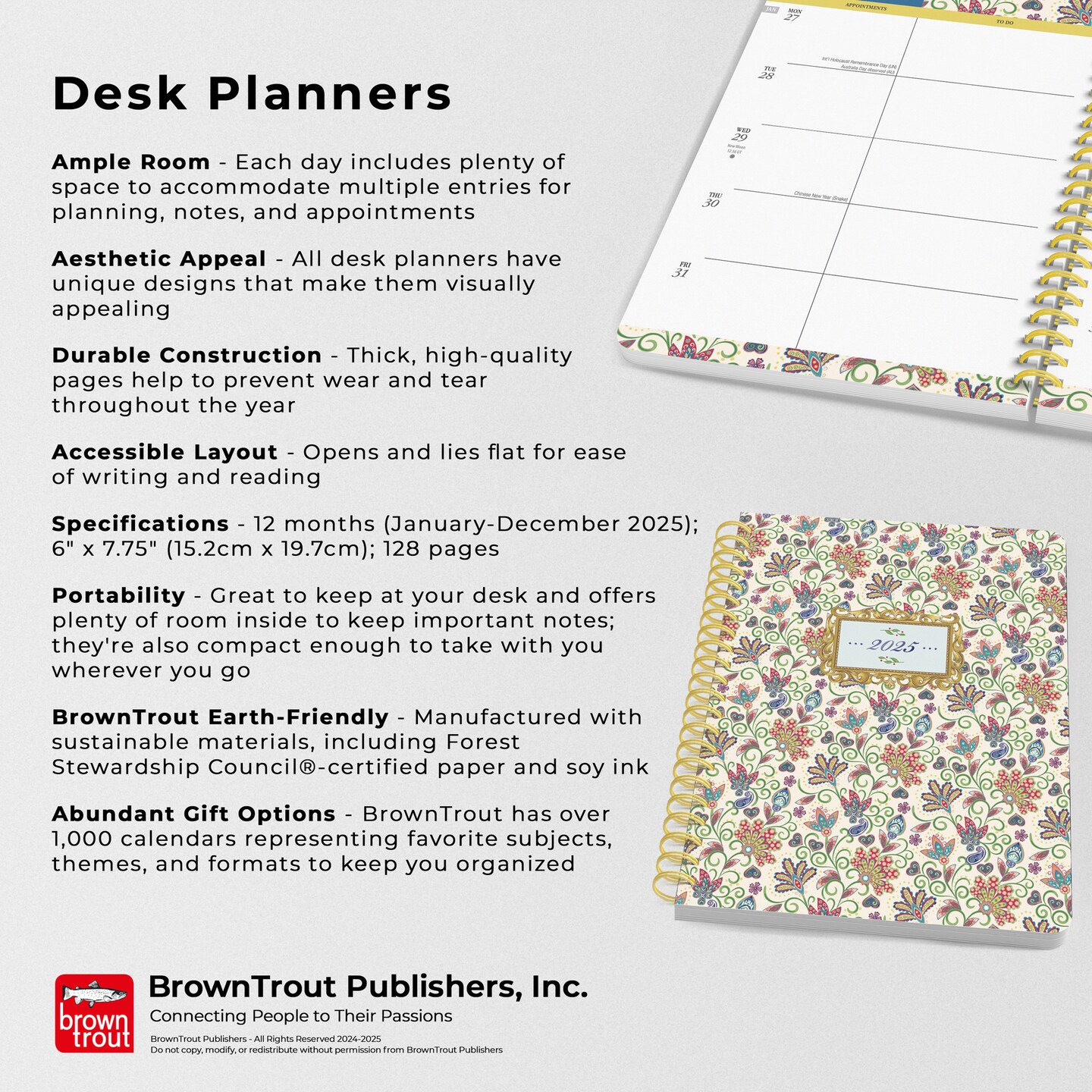 Tuscan Delight | 2025 6 x 7.75 Inch Weekly Desk Planner | Foil Stamped Cover | BrownTrout | Stationery Elegant Exclusive