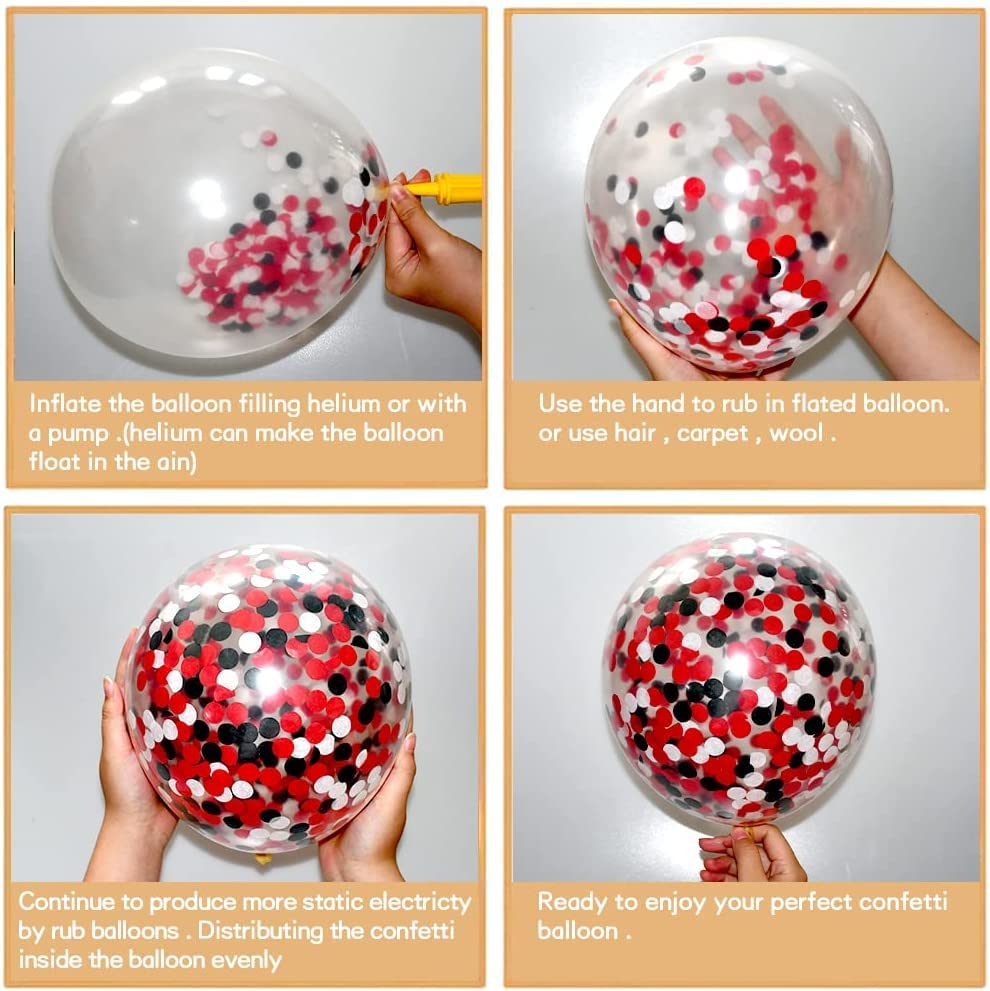 50 Pack 12 Inch Red and Black Latex Balloons - Black, White, and Red Confetti Balloons with Ribbons for Birthday, Graduation, Wedding, Bridal Shower, and Party Decorations