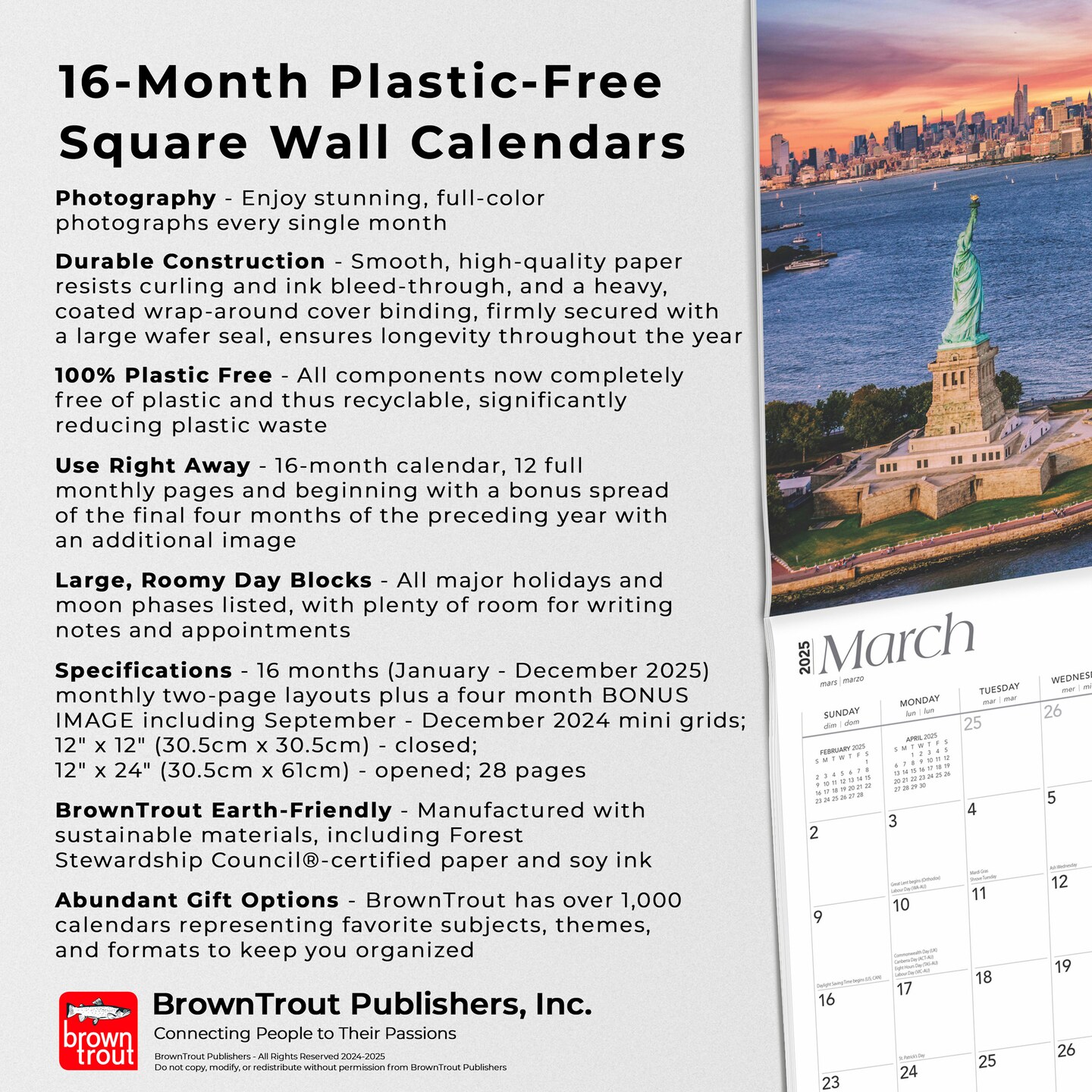 New York City | 2025 12 x 24 Inch Monthly Square Wall Calendar | Foil Stamped Cover | Plastic-Free | BrownTrout | USA United States of America NYC State Northeast
