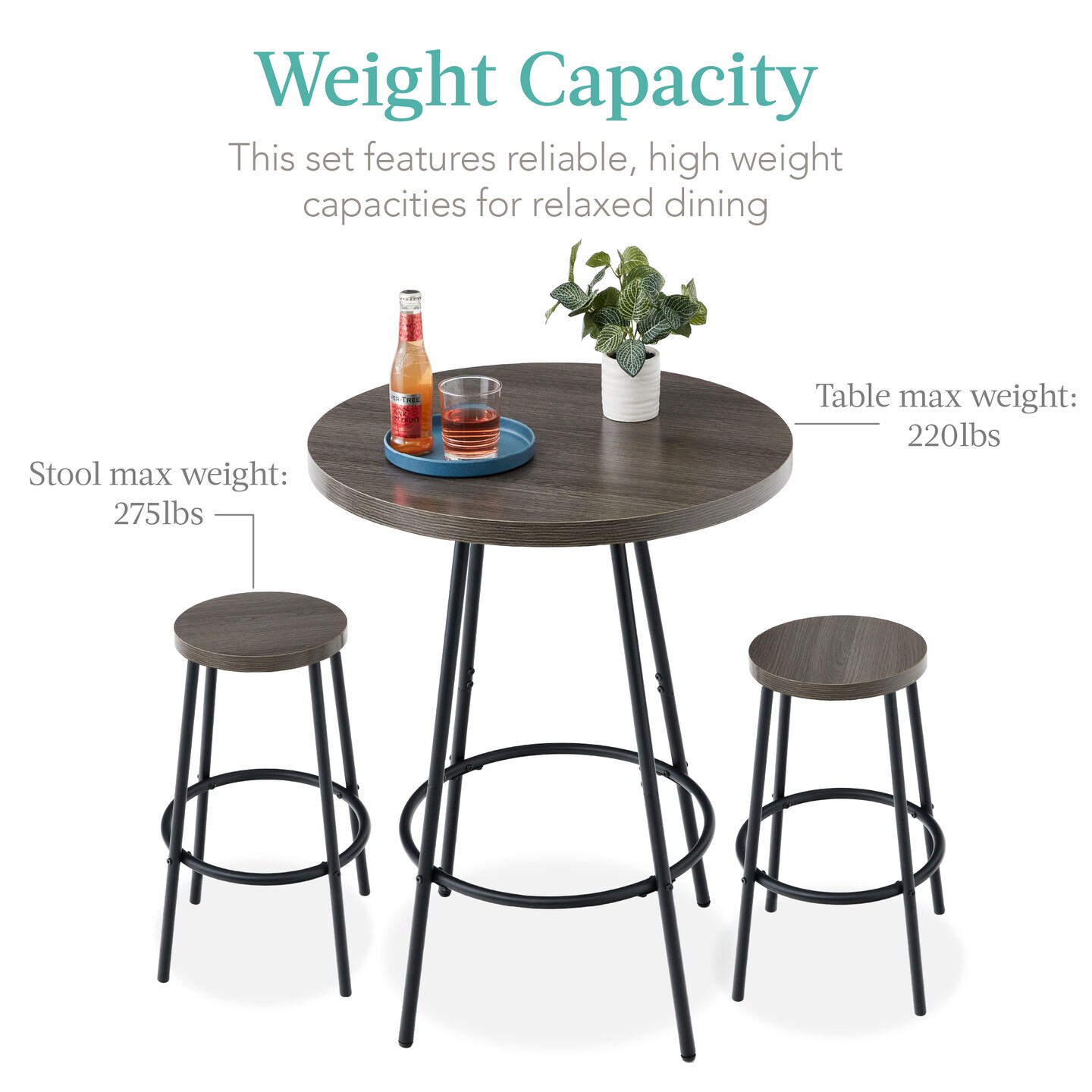 Best Choice Products 3-Piece Bistro Set, Modern Round Counter Height Dining Set w/ 2 Stools, Metal Frame