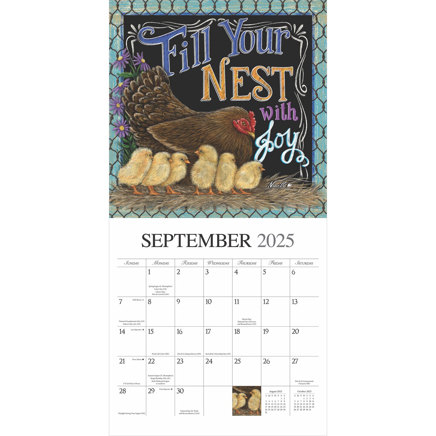 Bless This Nest | 2025 12 x 24 Inch Monthly Square Wall Calendar | Featuring the Artwork of Ninette Parisi | Plastic-Free | Hopper Studios | Chalkboard Style Artwork