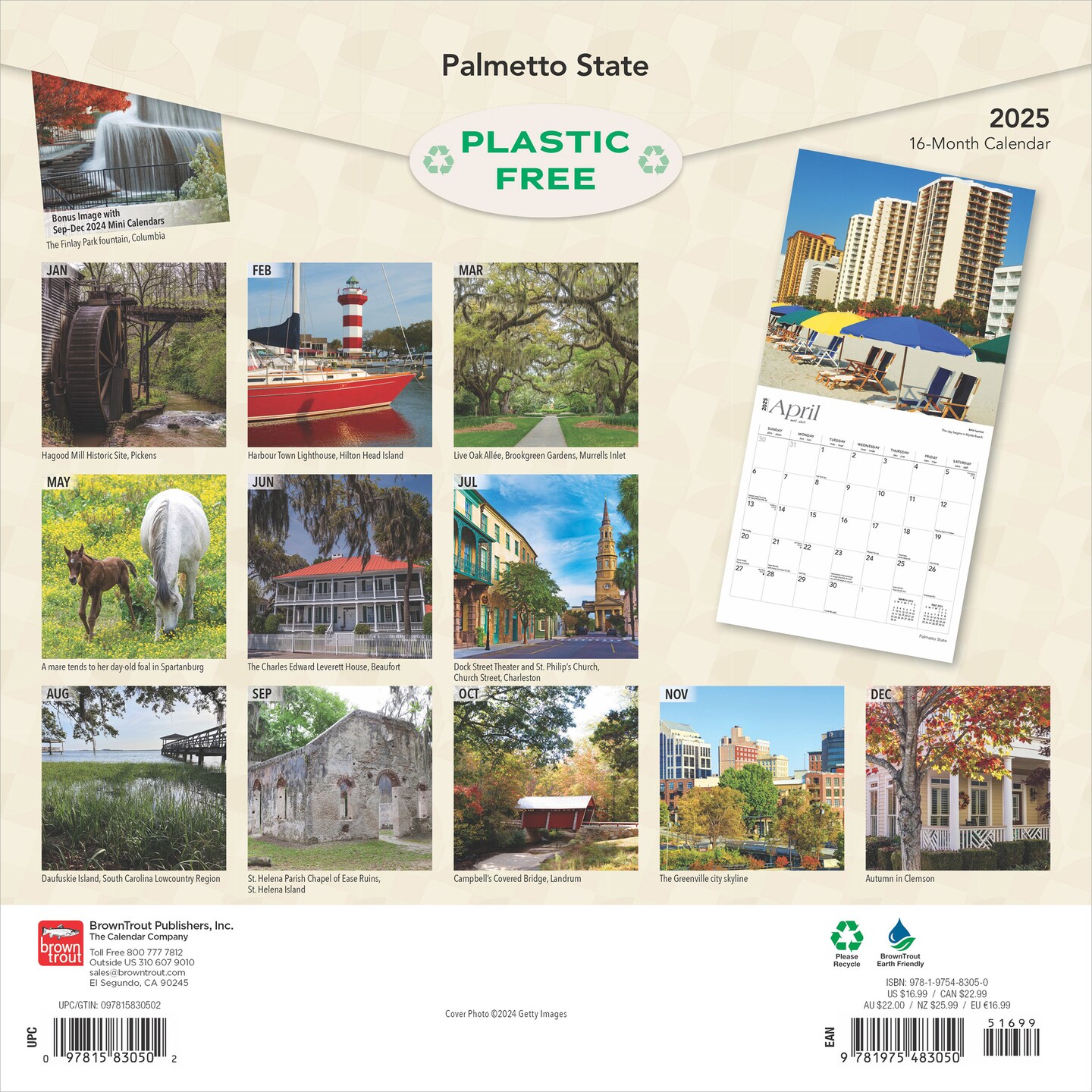Palmetto State | South Carolina Places | 2025 12 x 24 Inch Monthly Square Wall Calendar | Plastic-Free | BrownTrout | USA United States of America Southeast State Nature
