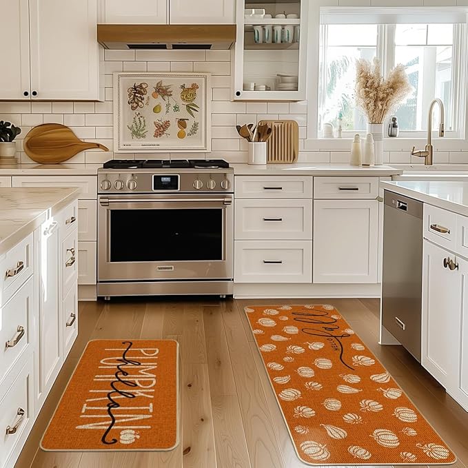 Orange Hello Pumpkin Fall Kitchen Mats Set of 2, Autumn Home Decor Low-Profile Kitchen Rugs for Floor (17x29 and 17x47 Inch)