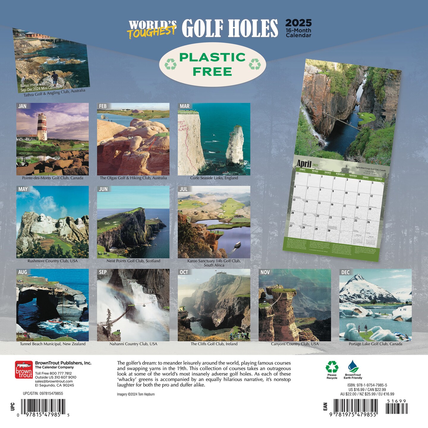 World&#x27;s Toughest Golf Holes OFFICIAL | 2025 12 x 24 Inch Monthly Square Wall Calendar | Plastic-Free | BrownTrout | Outdoor Sport