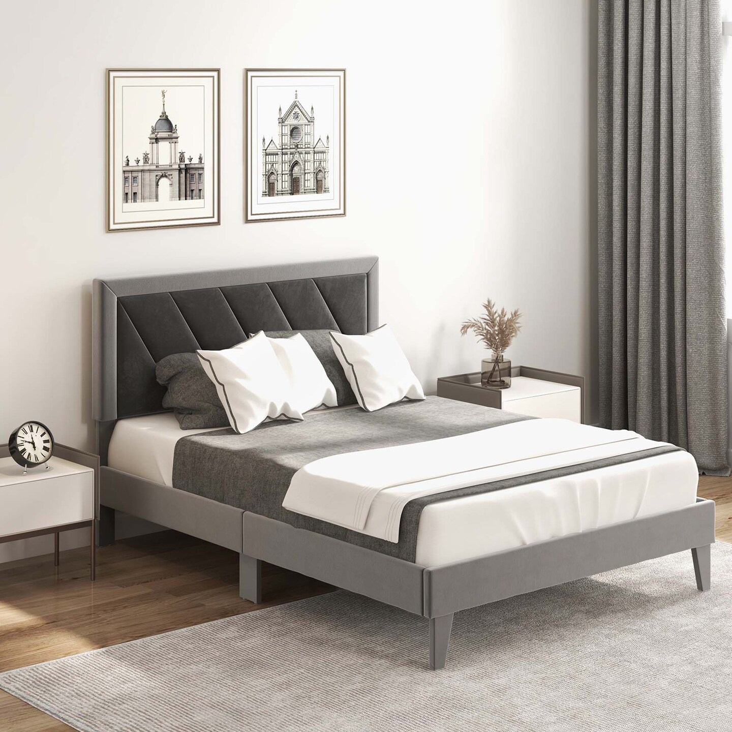Costway Full/Queen/Twin Size Bed Frame Upholstered Platform Velvet Headboard Wooden Slats Gray