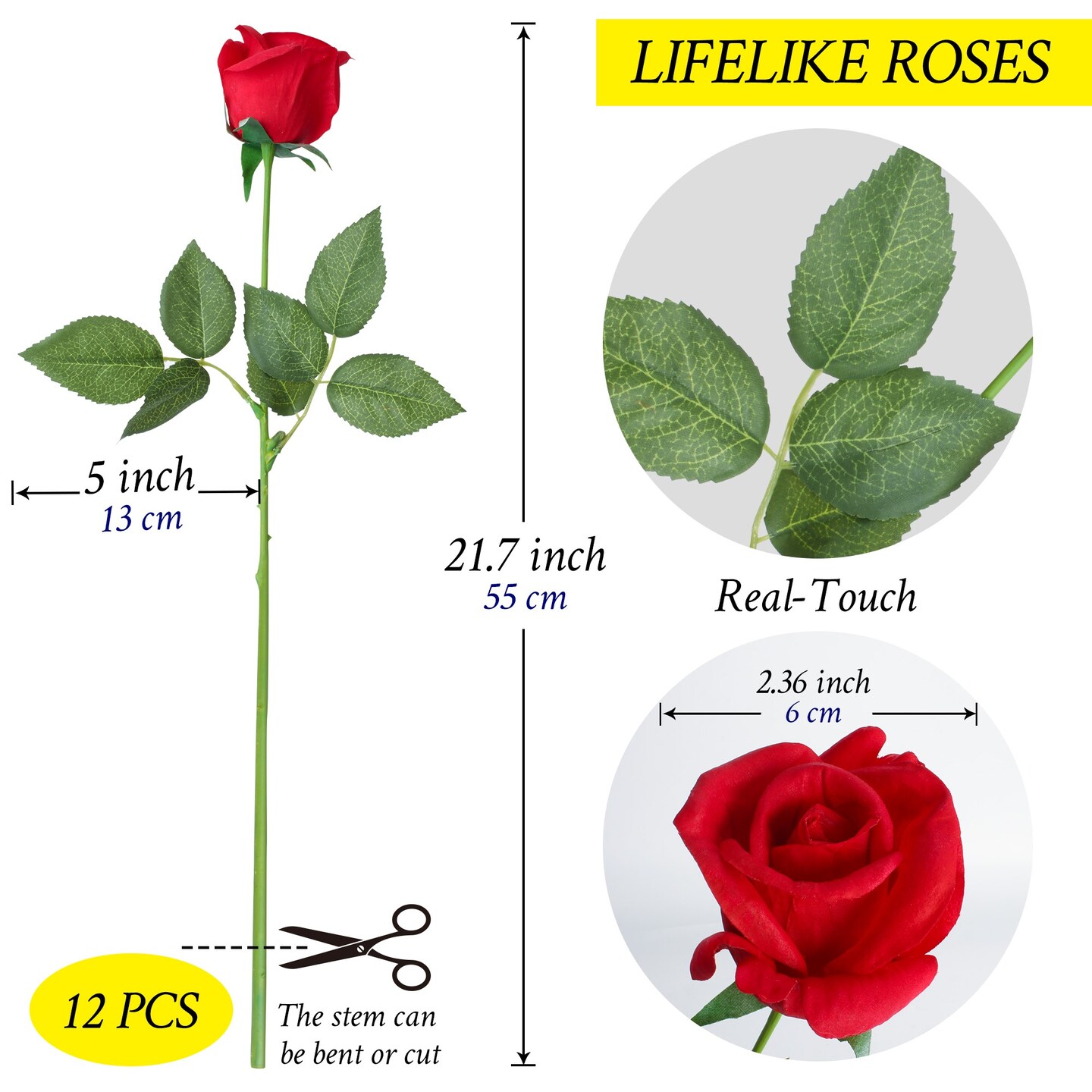 Roses Real-Touch Artificial Flowers 22&#x201D; Long Stems, 12pcs