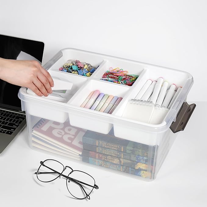 17-Quart Plastic Storage Bin with Lid, Clear Organizing Container with Removable Tray, Multipurpose Stackable Storage Box for Home, Office and School Supplies