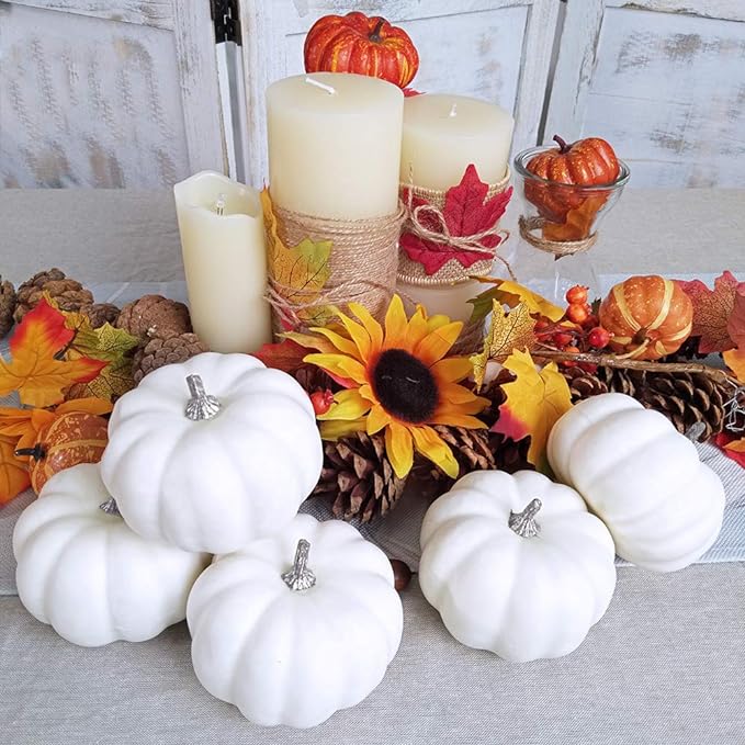 8 Pieces Realistic 4" Fall Harvest Small Off White Mini Artificial Pumpkins for Halloween, Fall, and Thanksgiving Decoration