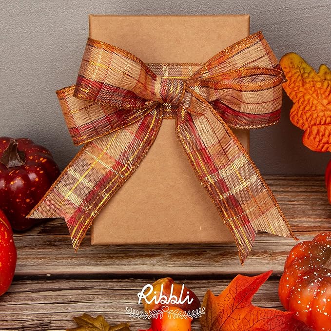Fall Burlap Wired Ribbon with Gold Foil, 1.5 Inch x 10 Yard, Plaid Ribbon, Check Ribbon for Big Bow, Fall Wreath, and Gift Wrapping, Copper/Burgundy/Brown