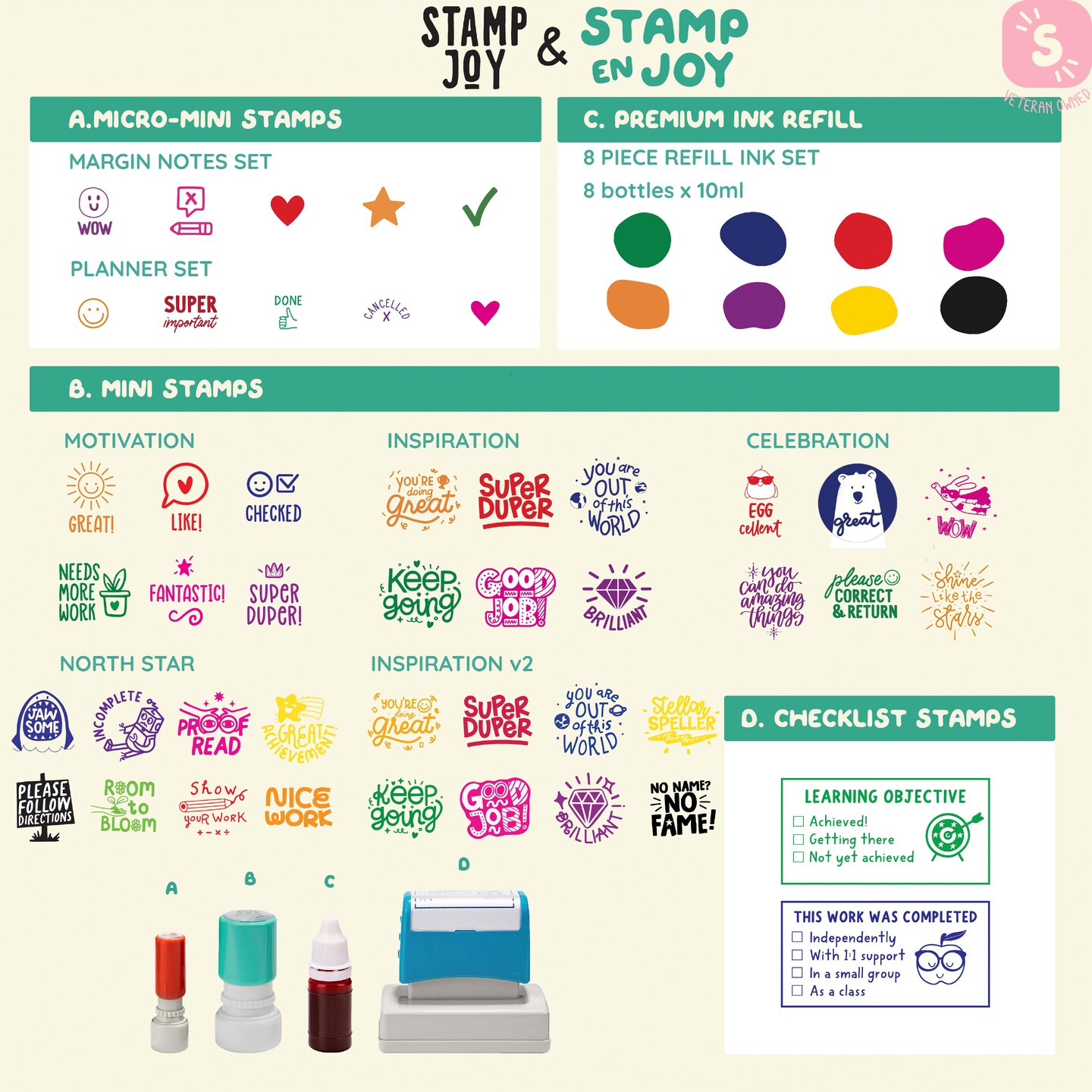 Stamp Enjoy - Self-Ink Flash Stamp Set, Multicolor Teacher Stamps, Office Stationery Stamps, Pre-Inked (Margin Stamps)