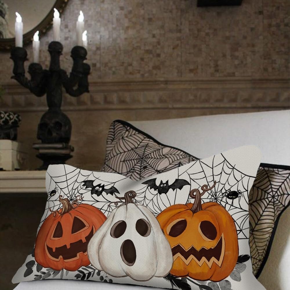 Halloween Pillow Cover 16X16 Inch Pumpkin Jack-O&#x27;-Lanterns Bat Web Decoration Holiday Farmhouse Pillow Case Decor for Home Sofa Couch AA306-16