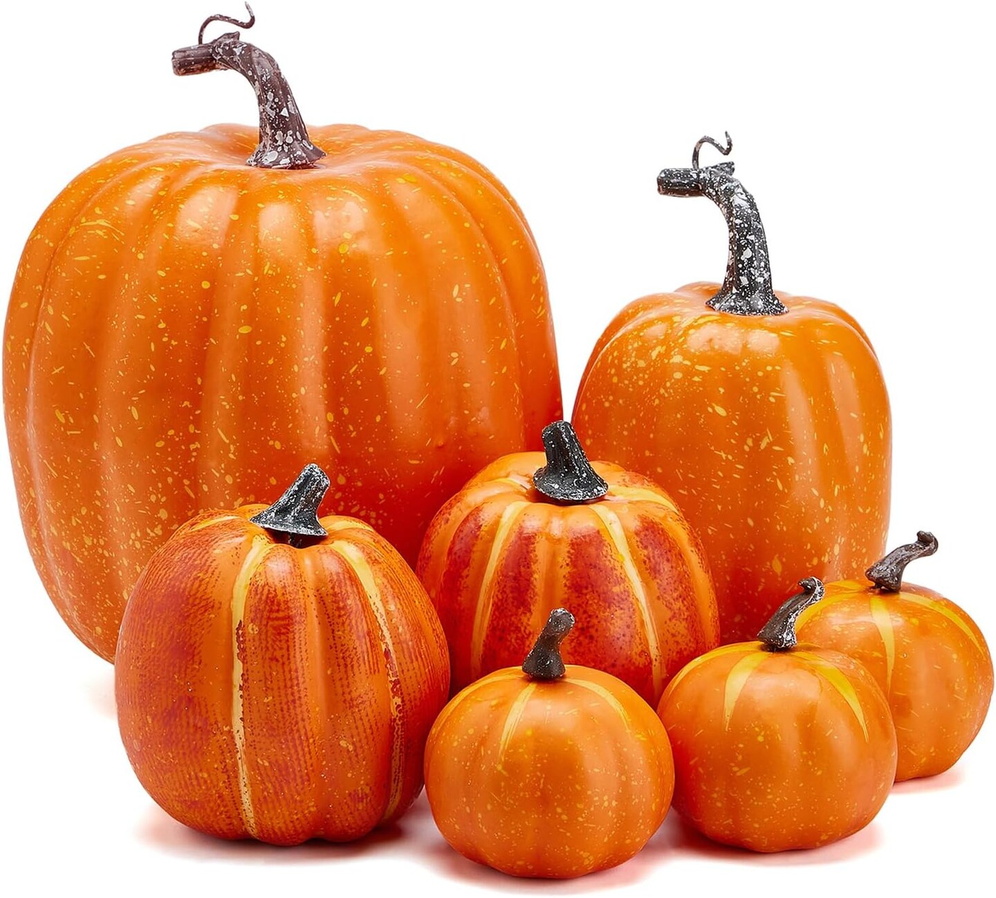 7 artificial pumpkins of various styles. Halloween Decoration: Rural Style Farmhouse Foam Pumpkin Harvest Season Thanksgiving Day is Suitable for Table top House Dining Table Party Decoration in Orange.