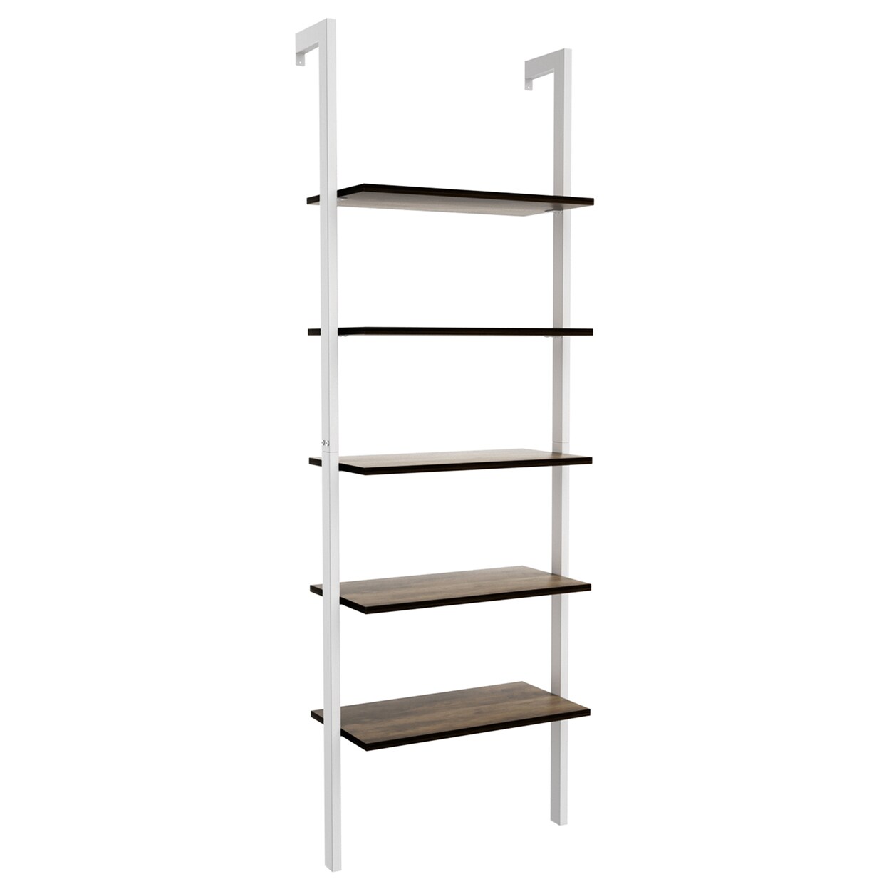 5-Tier Ladder Shelf Wood Wall Mounted Display Bookshelf Metal Frame Brown And White