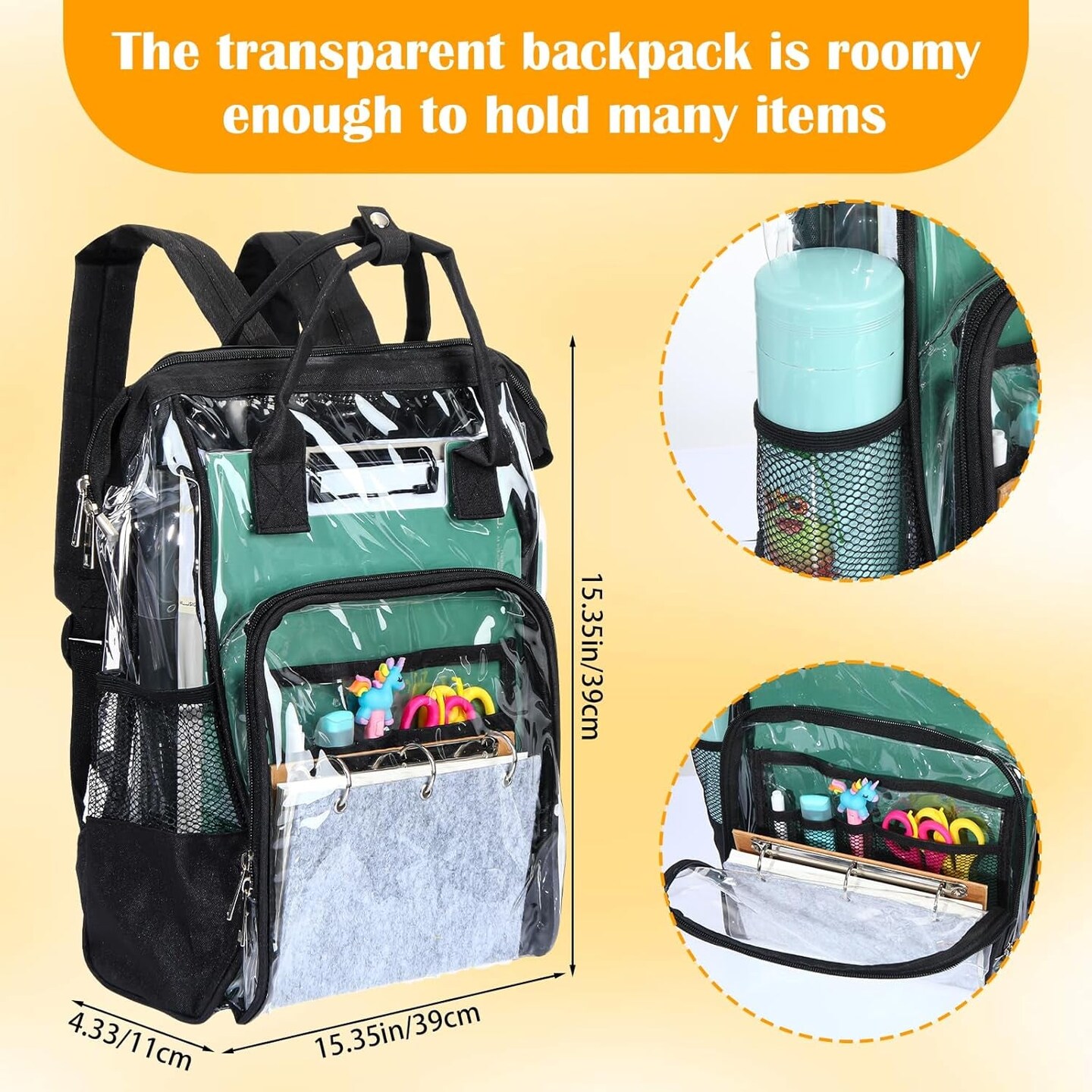 12 Pcs Heavy Duty Clear Backpack 15&#x22; Clear Stadium Backpack Stadium Approved Large Transparent Backpacks for School Donation, Stadium Events Supplies(Black)