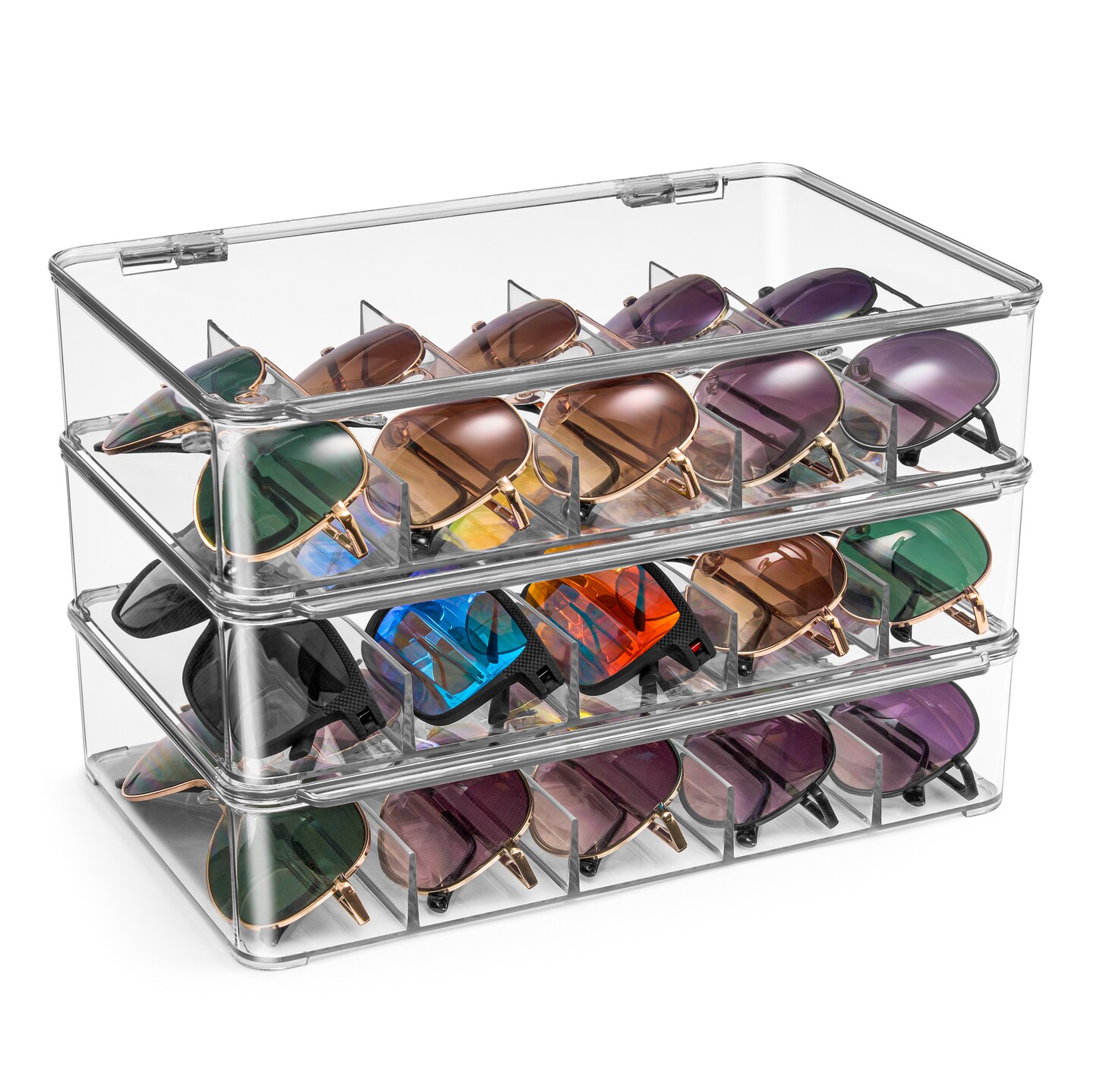 Sorbus Sunglasses Organizer - Plastic Stackable Eyeglass Storage and Display Case for Multiple Glasses with Lid, 3 Pack 