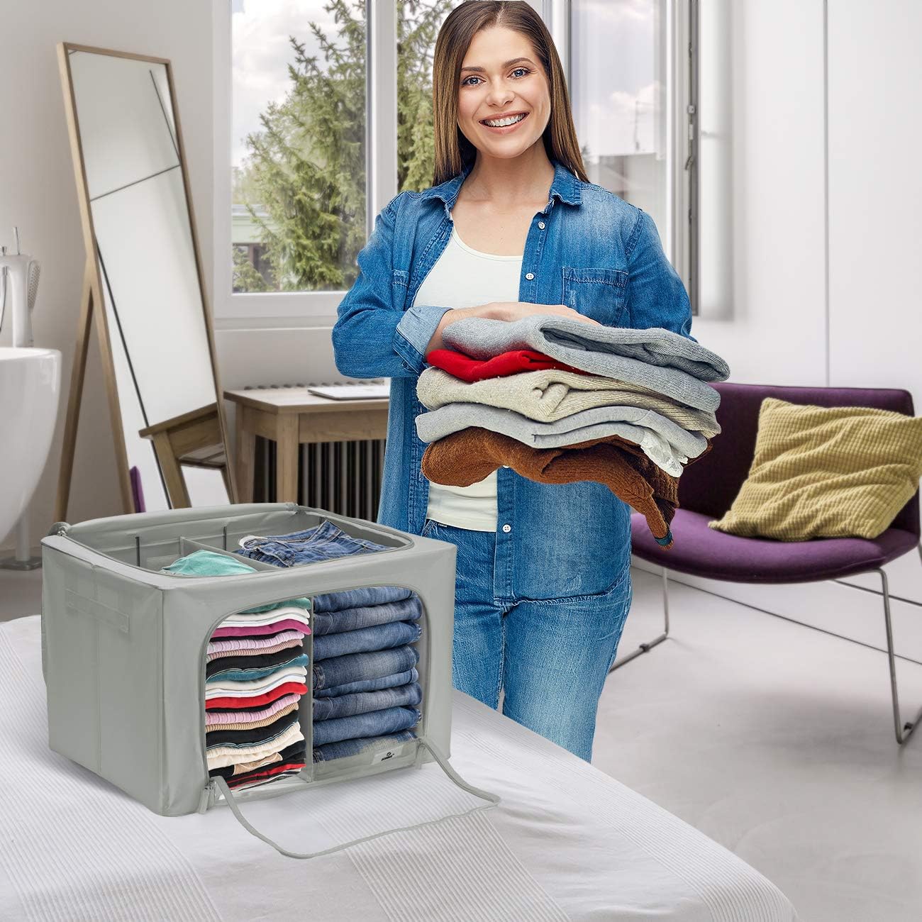 Sorbus Large Storage Bin with Divided Interior - Stackable & Foldable Organizer Containers with Metal Frame, Window, & Handles 1 Pack