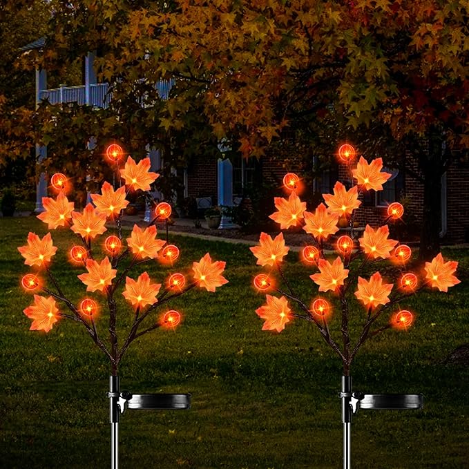 2 pack of solar outdoor lights for fall and Thanksgiving decorations. Outdoor Solar Lights with 3D Maple Pumpkin Lights, Two Modes Fall Thanksgiving Lights Outdoor Solar Lights Waterproof for Yard Decoration