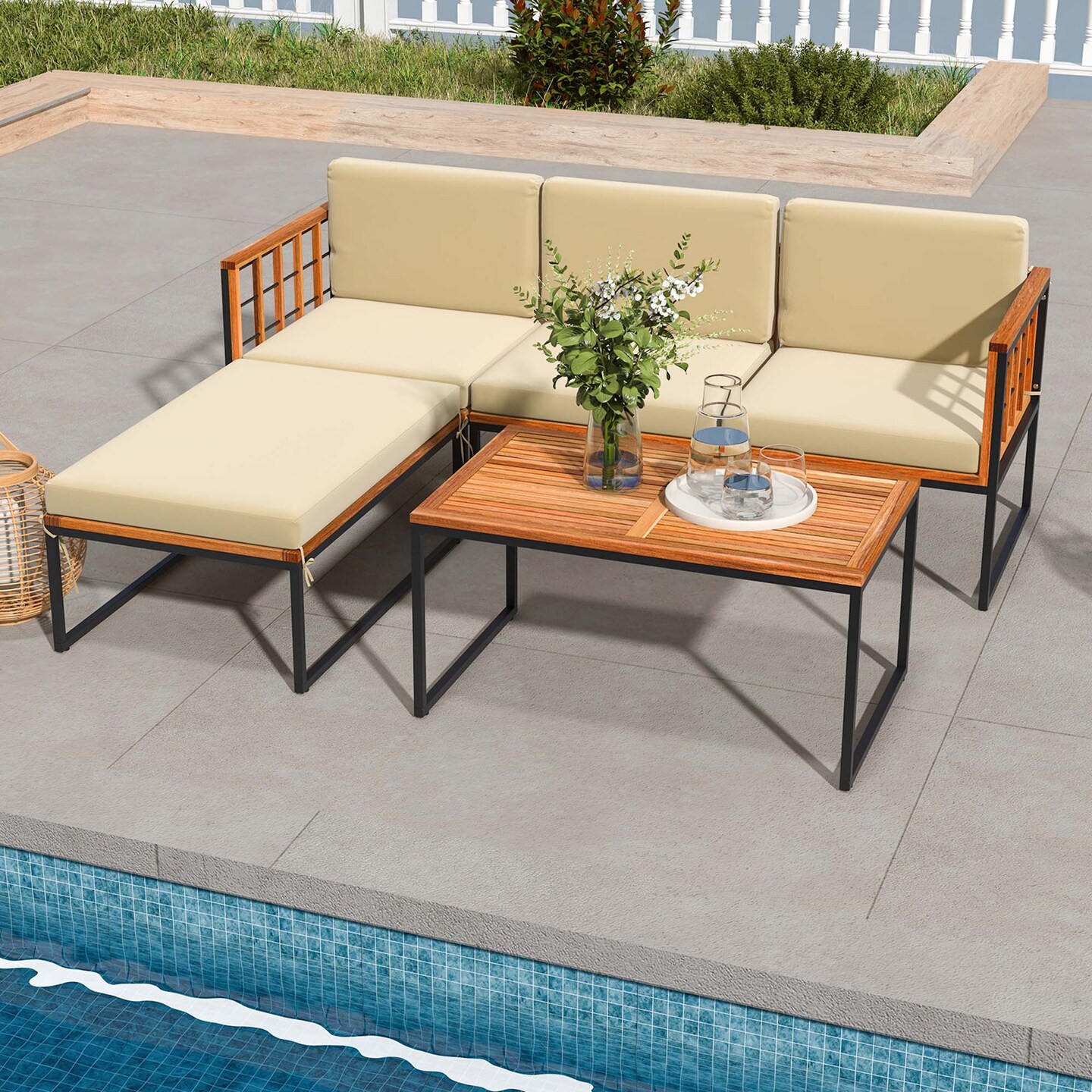 Costway 5 PCS Patio Furniture Set Acacia Wood Sectional Set with Seat & Back Cushions