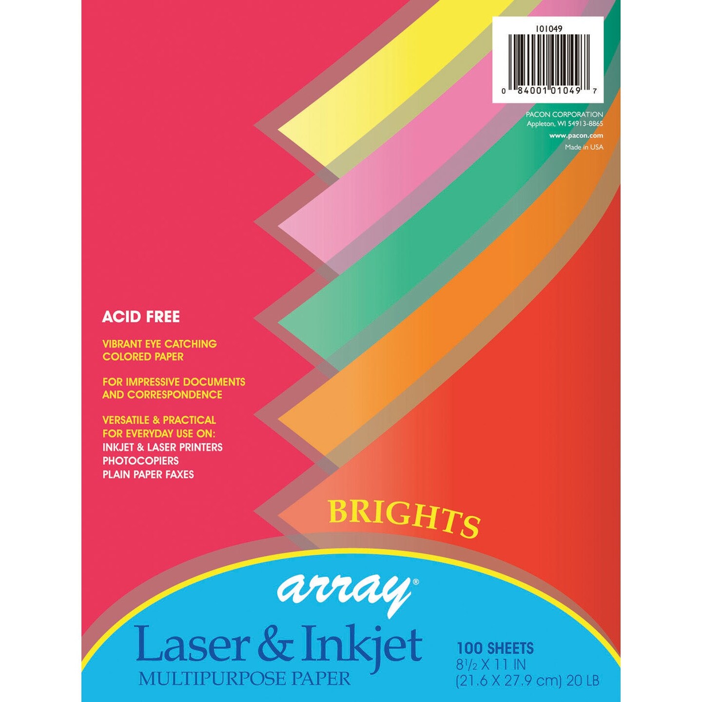 Bright Multi-Purpose Paper, 5 Assorted Colors, 20 lb., 8-1/2&#x22; x 11&#x22;, 100 Sheets