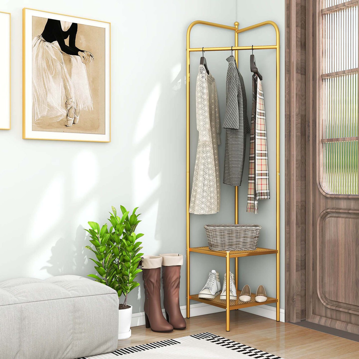 Costway Corner Coat Rack with Shelves Freestanding Hall Tree with Top Hanger Black/Golden/White