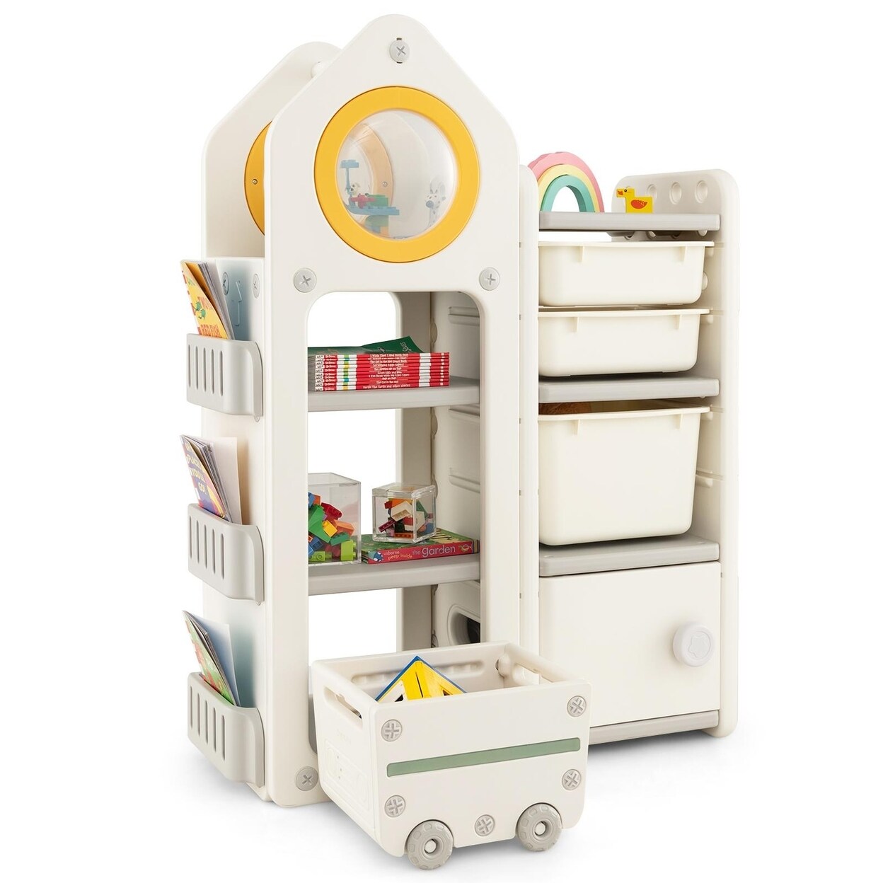 Kids Toy Storage Organizer Multipurpose Bookshelf W/ Cabinets And Mobile Trolley