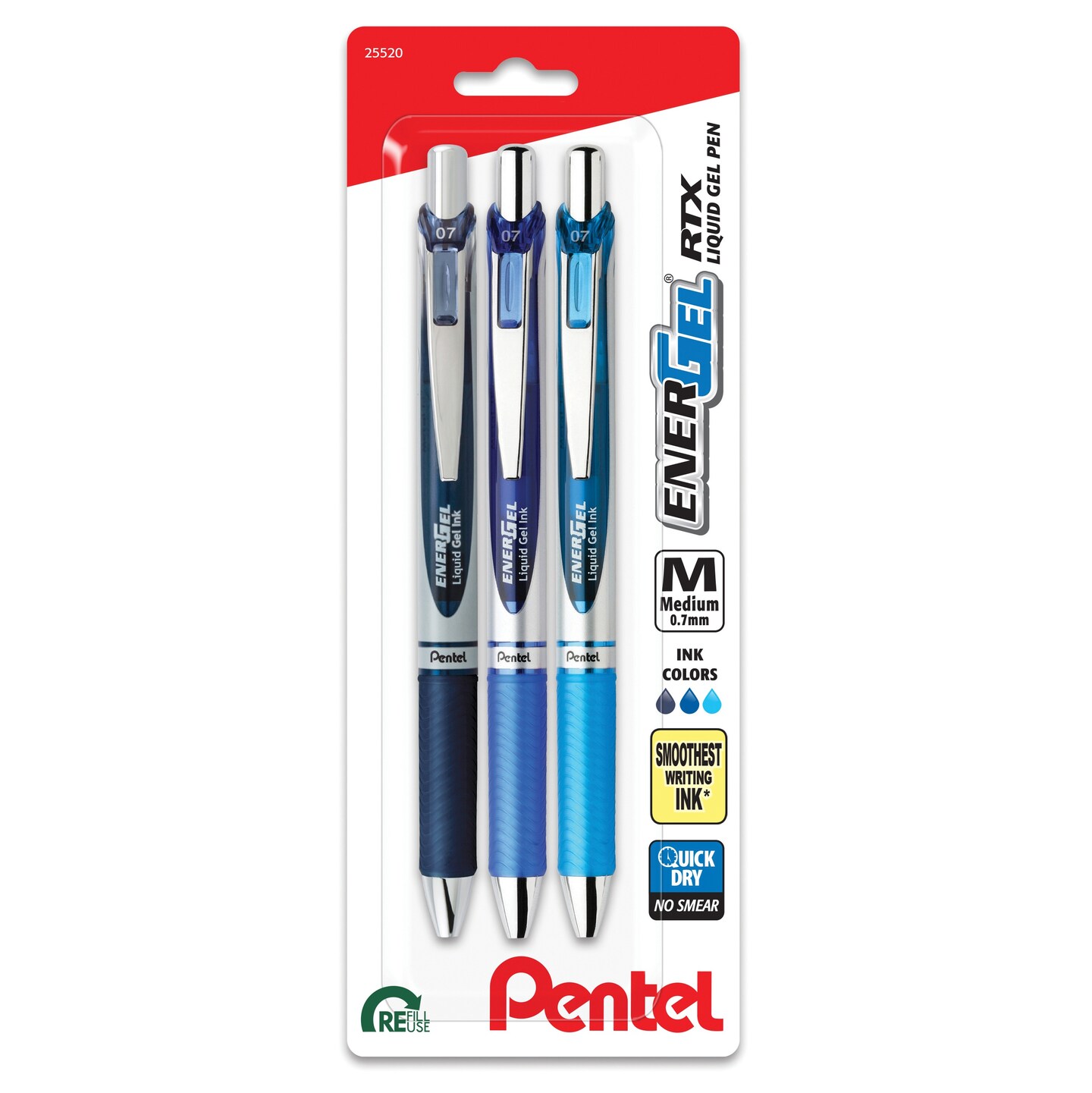 Pentel EnerGel RTX Retractable Liquid Gel Pens 0.7mm 3/Pkg