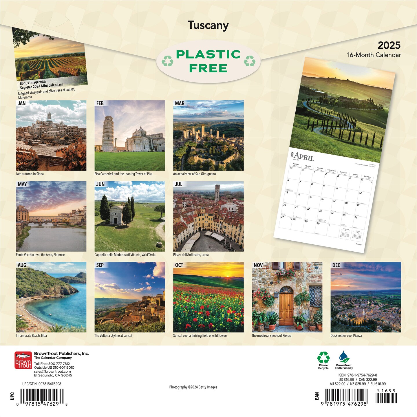 Tuscany | 2025 12 x 24 Inch Monthly Square Wall Calendar | Plastic-Free | BrownTrout | Travel Europe Italy Florence