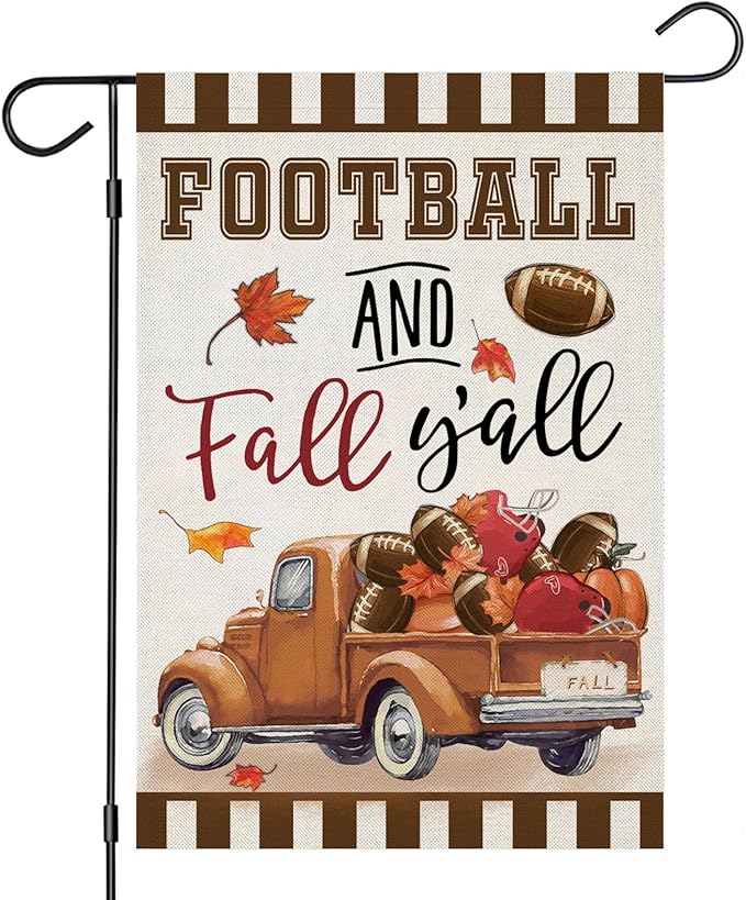 Welcome to Thanksgiving. Fall Garden Flags for Outside Decorations: FOOTBALL and Fall Y&#x27;all Truck with Maple Leaves. Small Yard Flag, Harvest Autumn Seasonal Farmhouse Holiday Outdoor Decor 12x18 inches