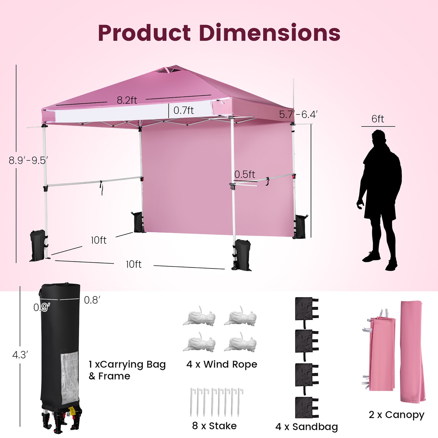Costway 10&#x27;x10&#x27;Commercial Pop-up Canopy Tent Sidewall Folding Market Patio White/Pink