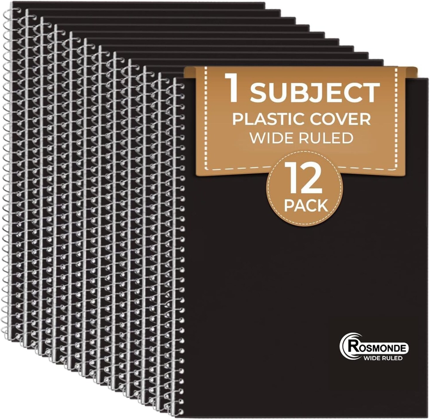 1 Subject Spiral Notebook, 12 Pack, Wide Ruled, Water Resistant Cover, Thick 140 Pages/Book (70 Sheets), 8 X 10-1/2, 3 Hole, Bulk School &#x26; Office, Black Plastic Cover