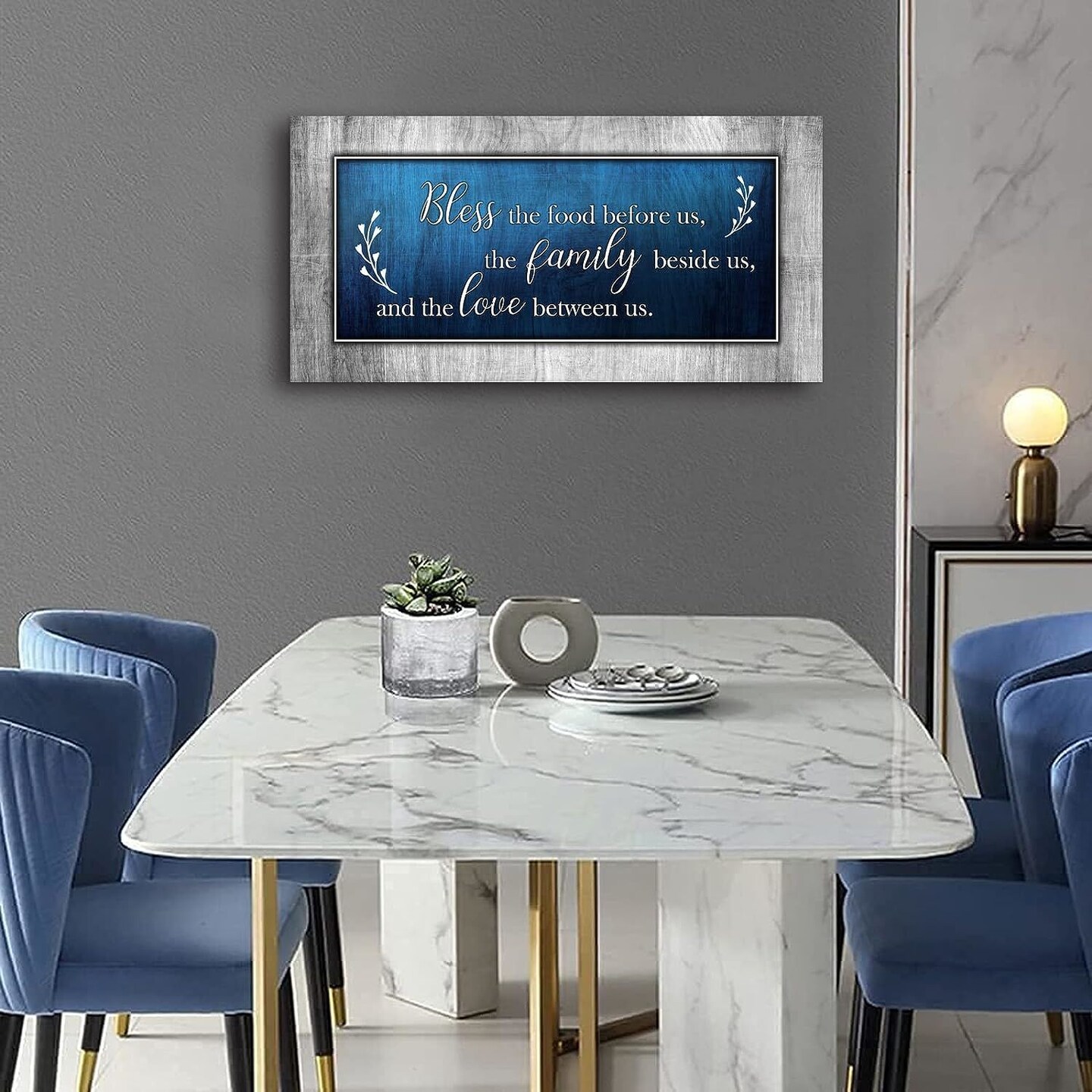 Christian Wall Art Decor Blue and Grey Canvas Prints Bless The Food Quote Wall Pictures Framed Artwork for Home Living Room Dining Room Kitchen Decoration