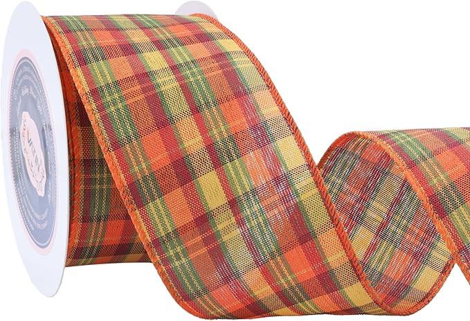 Fall Tartan Wired Ribbon 2-1/2 Inch x 10 Yard Orange, Red, Green, and Yellow Fall Plaid Ribbon for Large Bow Wreath, Gift Wrapping, and Tree Decoration