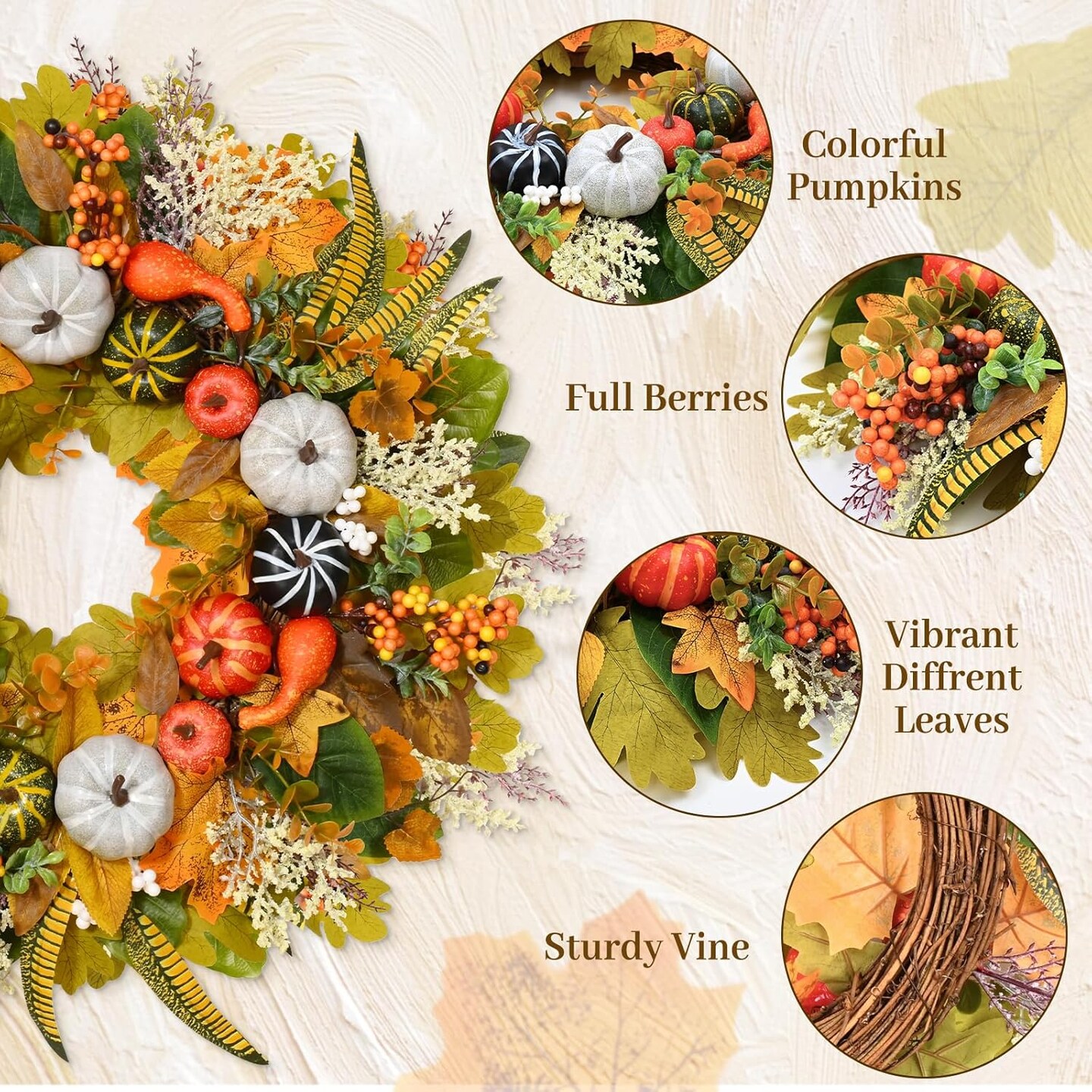 Fall Wreath - 21&#x22; Fall Wreaths for Front Door Outside, Lighted Colorful Pumpkin Silk Leaves, Realistic Autumn Wreath for Home Porch Front Door Thanksgiving Outdoor and Indoor Fall Decor