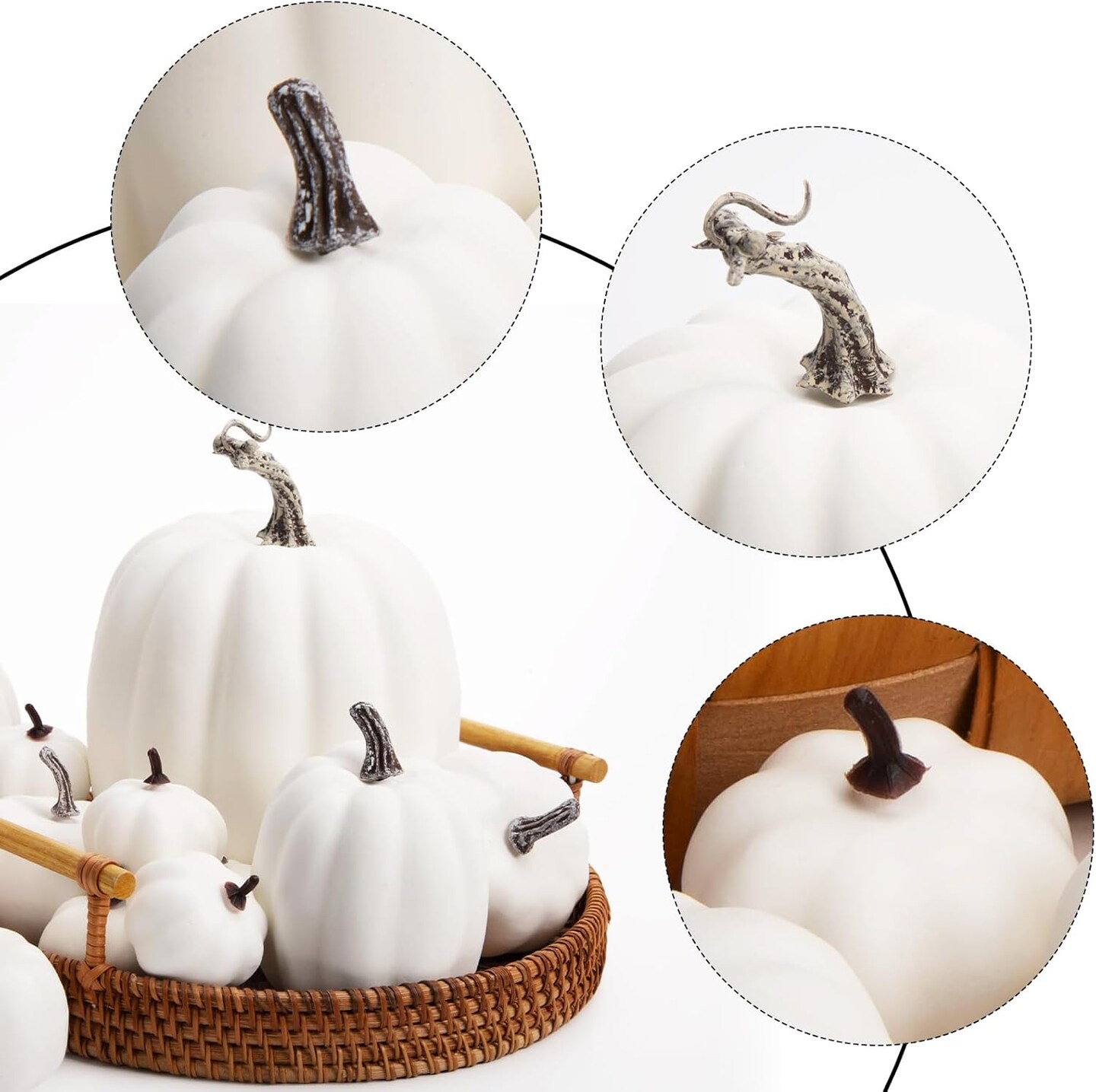 16 Artificial White Pumpkins, Assorted Sizes Fake Faux Rustic Harvest Farmhouse Pumpkins for Halloween, Thanksgiving, Fall, and Autumn Season Decorations.