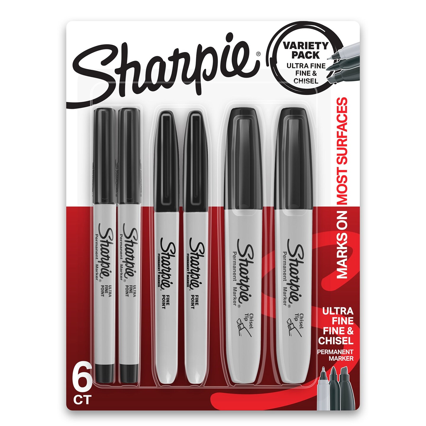 Permanent Markers Variety Pack, Fine, Ultra-Fine, &#x26; Chisel-Point Markers, Black, 6 Count