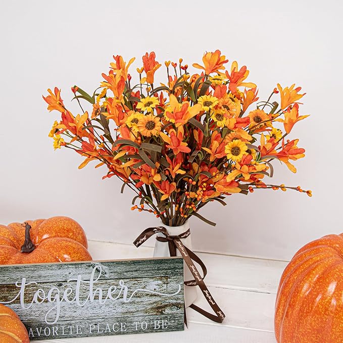 12 Artificial Fall Flowers 17 Inches Autumn Flower Arrangements Fall floral stems with daisies Forsythia Flowers Berry Branch for Vase Party Indoors Table Centrepieces Decorations