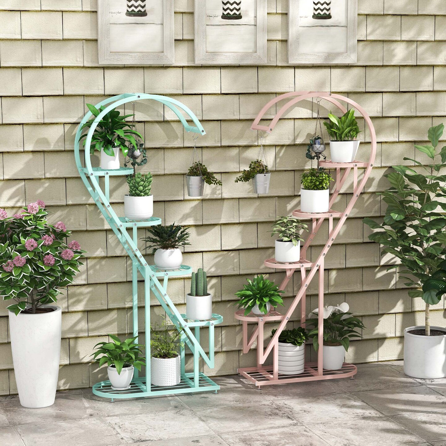Costway 5 Tier Metal Plant Stand Heart-shaped Shelf with Hanging Hook for Multiple Plants Black/White/Pink &#x26; Blue