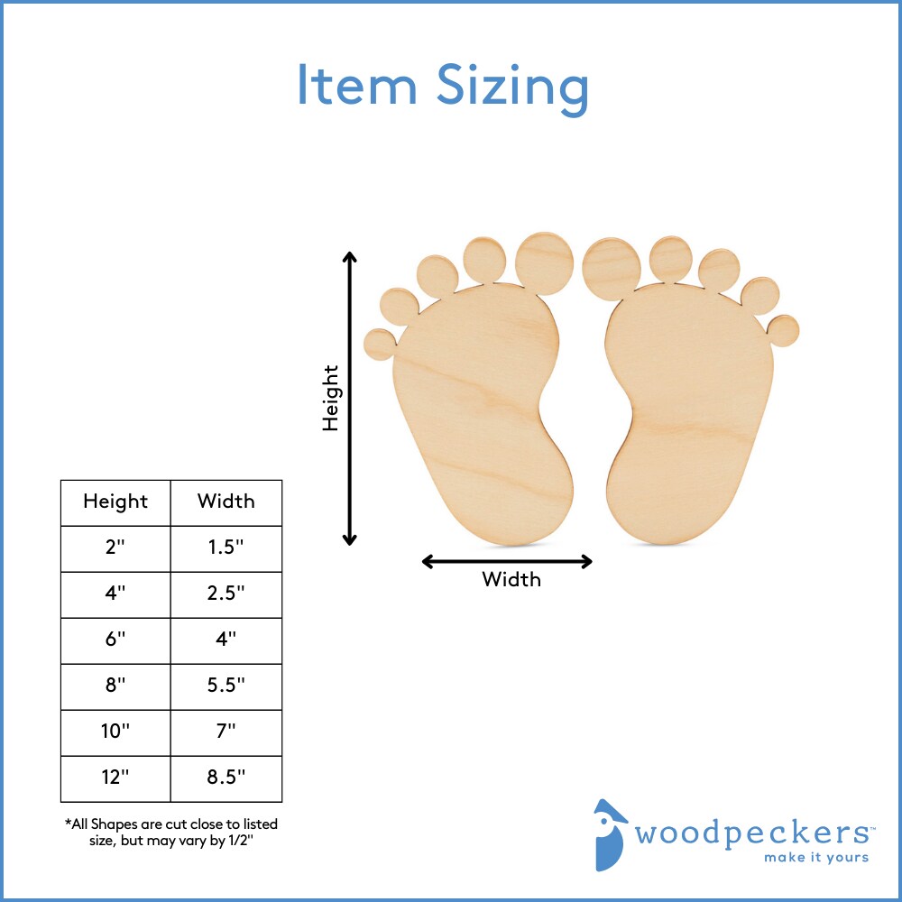 Pair of Wood Baby Footprints, Multiple Sizes, Shower/Nursery Decor |Woodpeckers