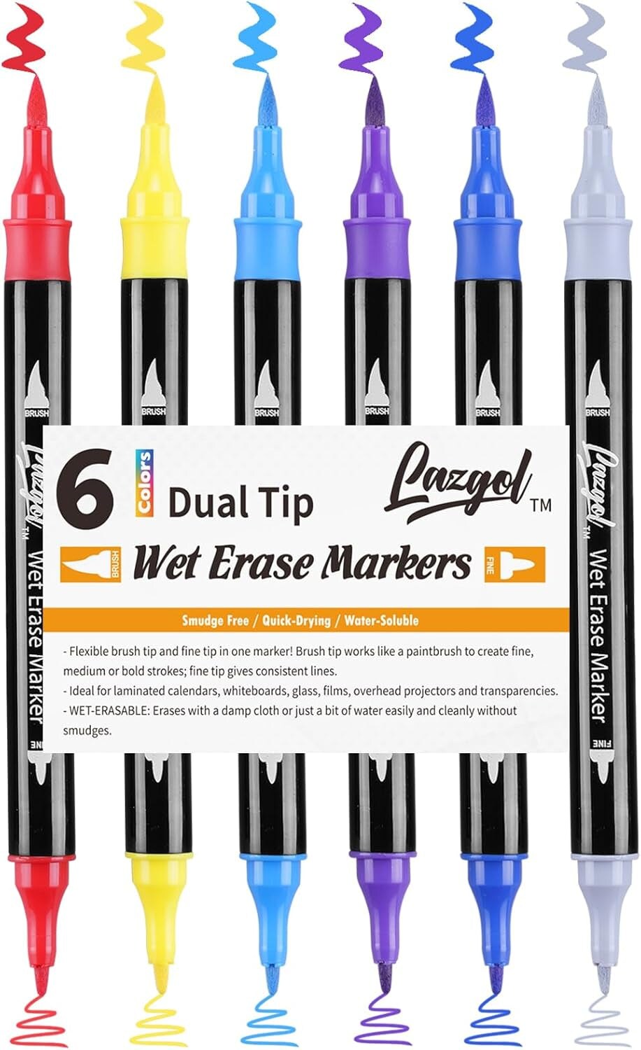 Wet Erase Markers Dual Tip, 12 Assorted Colors, Dual Tip Brush &#x26; Fine Overhead Transparency Smudge Free Markers for Dry Erase Whiteboard, Refrigerator Calendars, Glass, Films and Any Kind Of