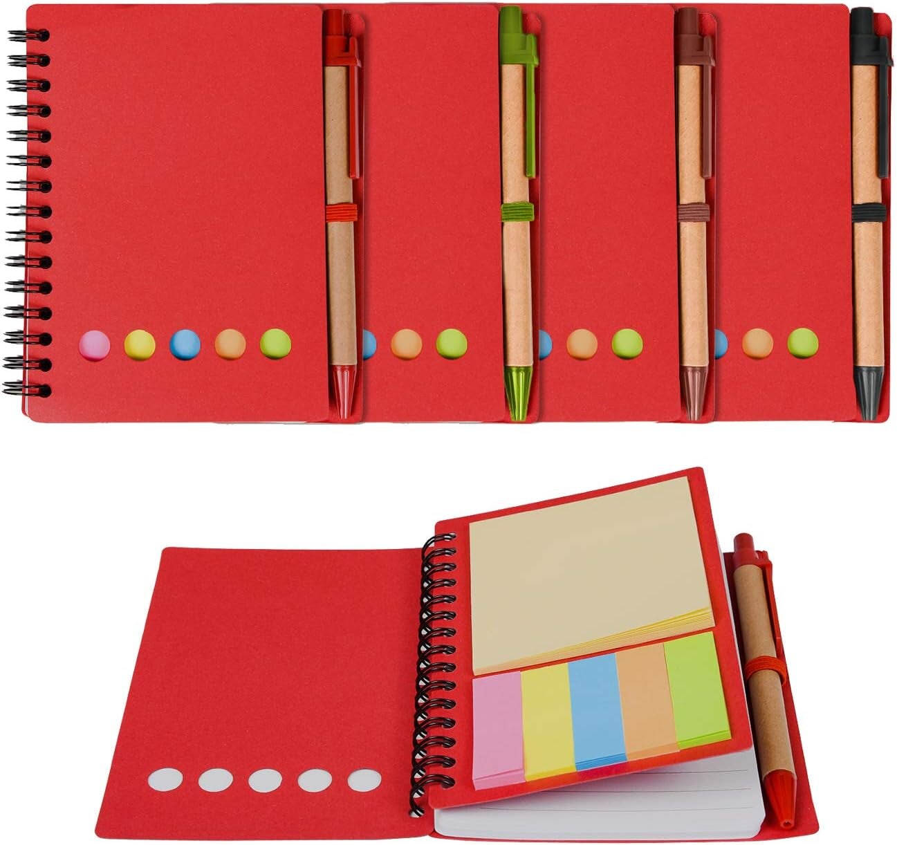 4 Packs Lined Spiral Notebook Kraft Paper Cover Notepad with Pen in Holder, Sticky Notes and Page Marker Colored Index Tabs, 4.5&#x201C;X5.5&#x201D; Steno Pocket Business Notebook &#xFF08;Red 4 Packs&#xFF09;