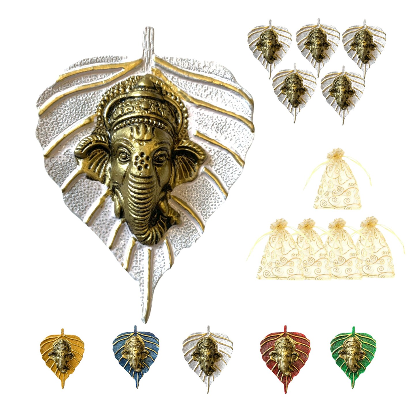 Metal Leaf Ganesha Diwali Decor Wall Hanging for Home & Office Housewarming Return Gift Pooja Favor Ganesha Decorative Wall Hanging Showpiece Pack of 1/2/5/25 Pcs