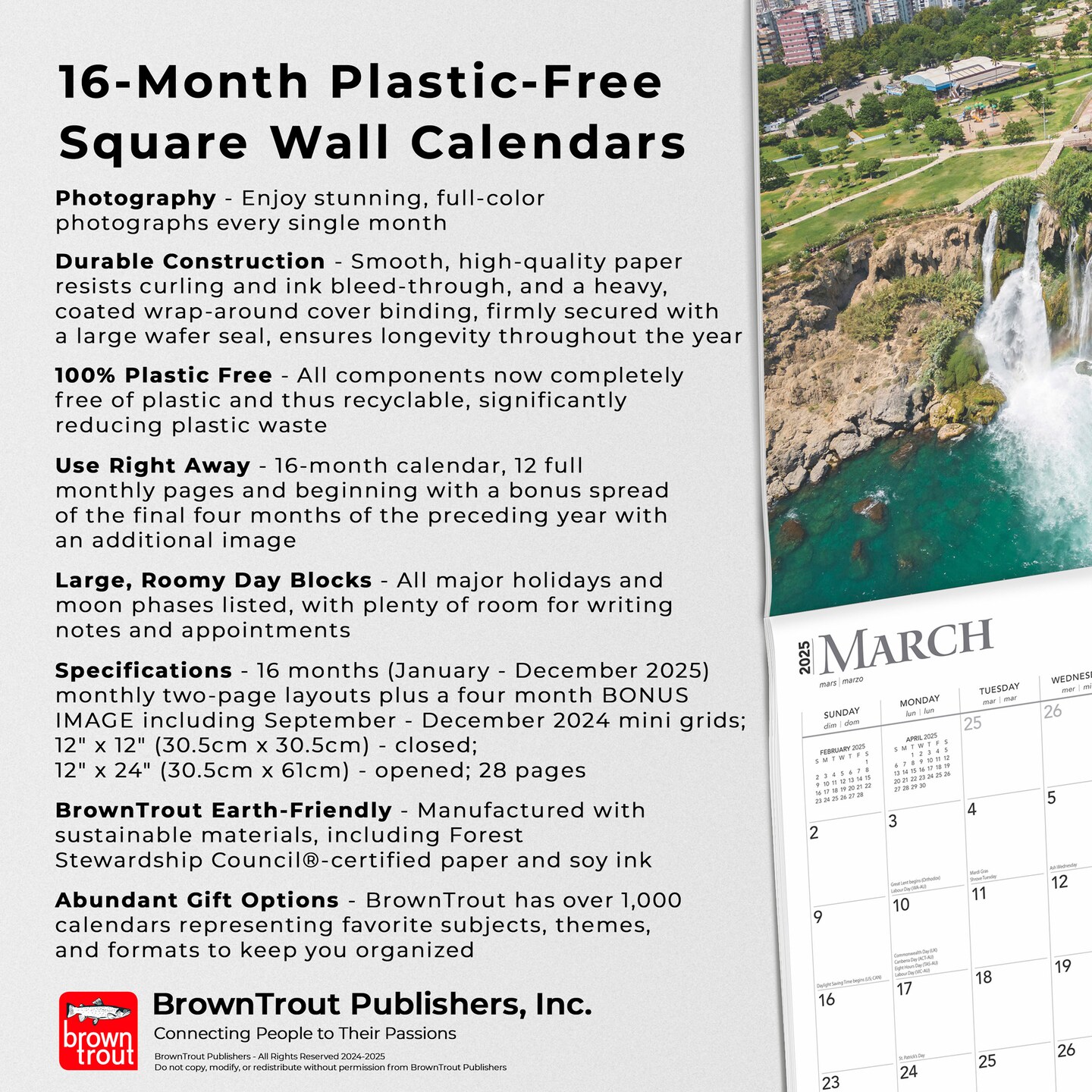 Waterfalls | 2025 12 x 24 Inch Monthly Square Wall Calendar | Plastic-Free | BrownTrout | Nature Rivers Lakes