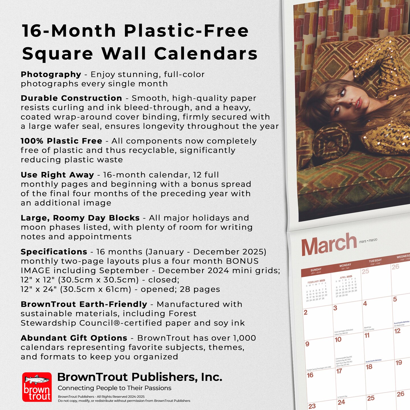 Taylor Swift OFFICIAL | 2025 12 x 24 Inch Monthly Square Wall Calendar | Plastic-Free | BrownTrout | Music Pop Singer Songwriter Celebrity