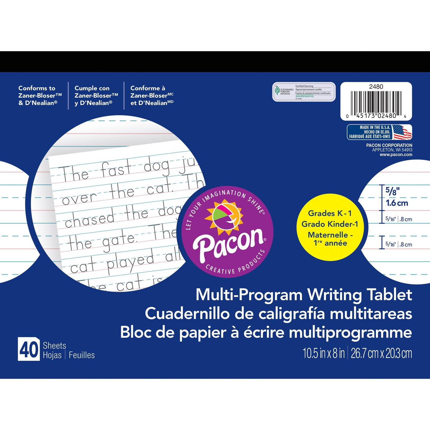 Multi-Program Handwriting Tablet, D&#x27;Nealian/Zaner-Bloser, 5/8&#x22; x 5/16&#x22; x 5/16&#x22; Ruled Long, 10-1/2&#x22; x 8&#x22;, 40 Sheets